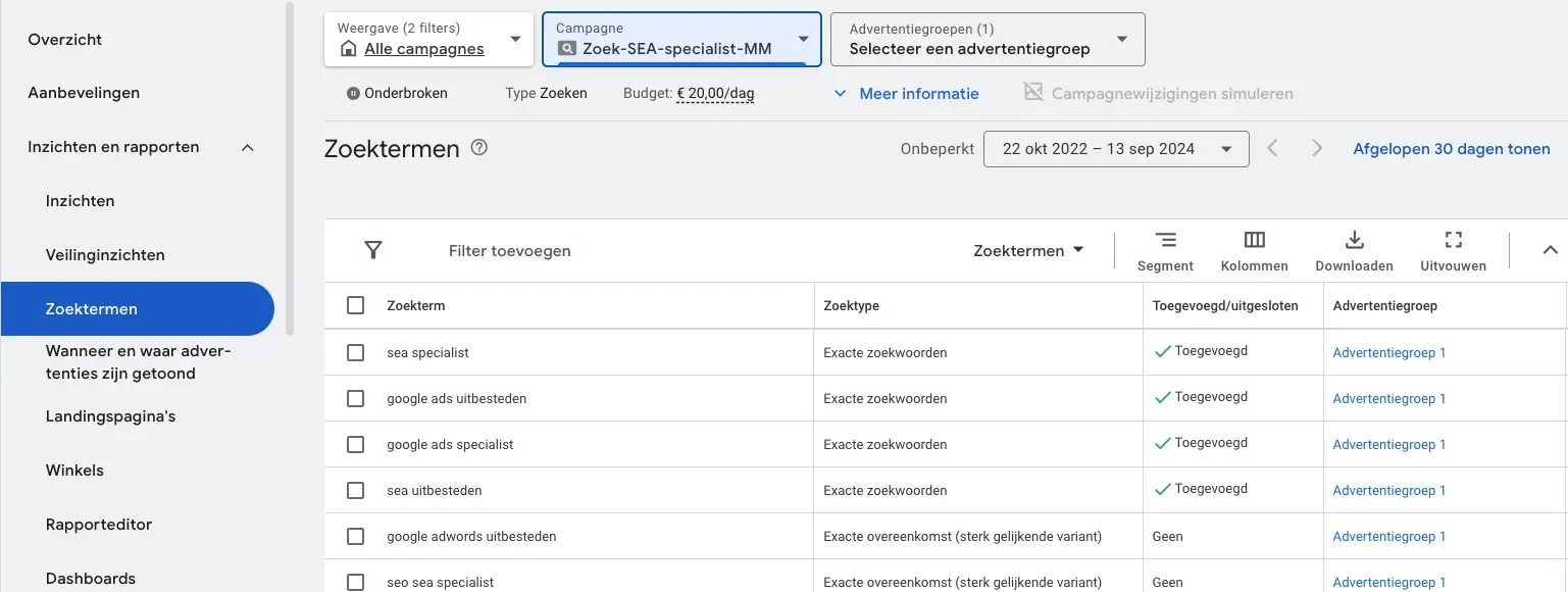 Voorbeeld van een zoekopdrachten rapport in Google Ads